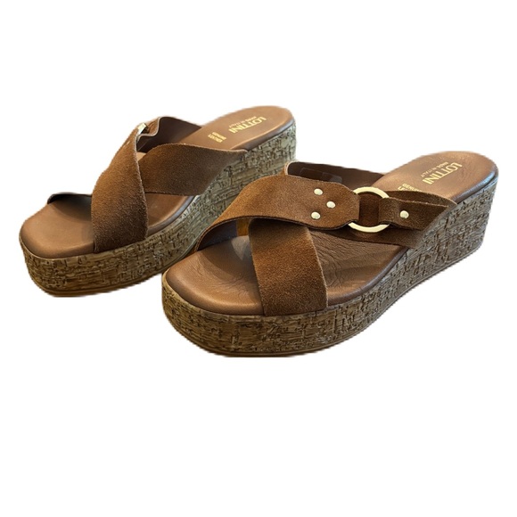 Lottini Brown Suede Cross Band Wedge Sandal Women’s Size 39. (US 8-8.5) - Picture 2 of 6